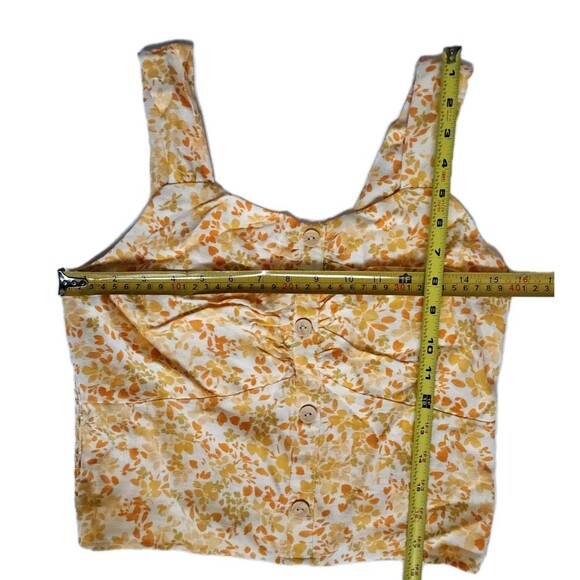 NWT Monteau Ladies Yellow Floral Linen Blend Cropped Button Front Tank Size L - Picture 2 of 5